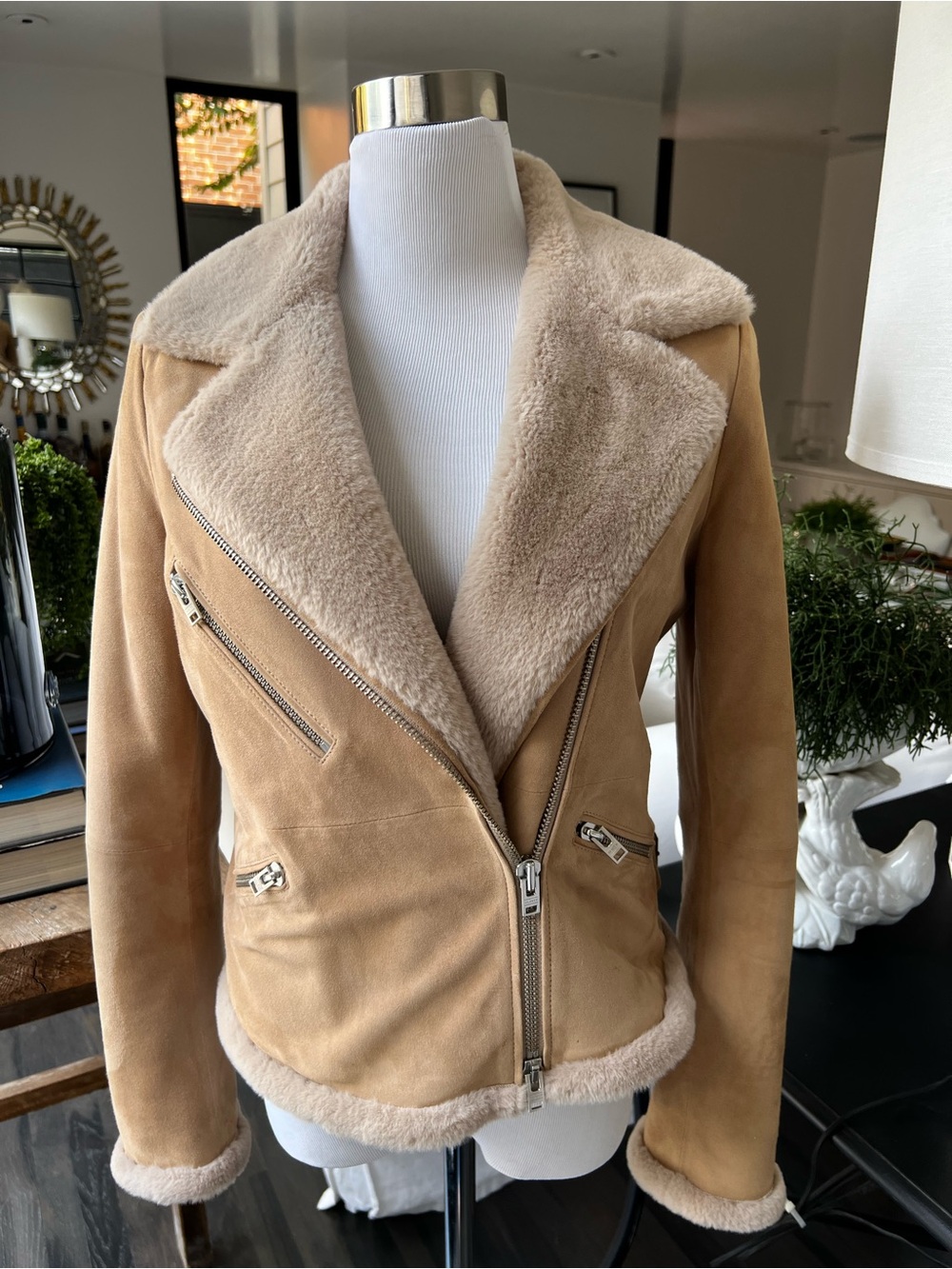 CLOSED Shearling-Lined Suede Moto Jacket - Beige size small